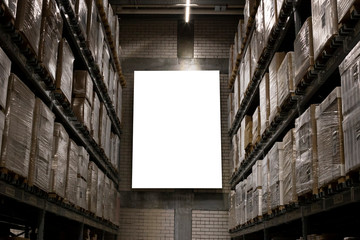 blank mockup advertising with copy space on the wall of the warehouse (storage) with rows of...