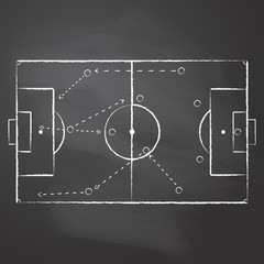 Fototapeta premium Drawn with chalk the football pitch markup and tactical scheme with one team players and strategy arrows on black rubbed chalkboard. Vector illustration of a soccer game tactical scheme