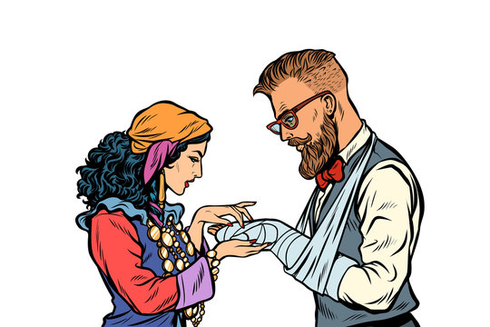 Gypsy palmist and hipster. Patient with plaster and a broken arm