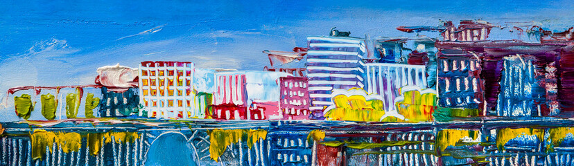 Abstract painting of urban skyscrapers.
