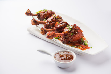 Szechuan Chicken which is a popular Indo-Chinese non vegetarian recipe. served in a plate with chilli sauce. selective focus