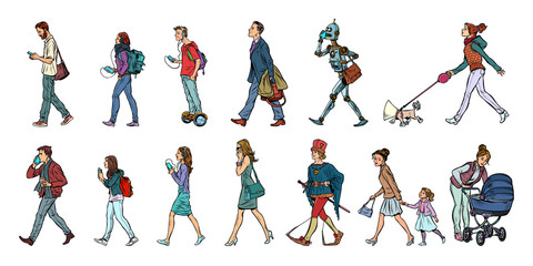 Set collection of pedestrians people walk. Women men robot dog. 