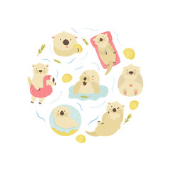Obraz premium Set of cute swimming otters. Baby Print design