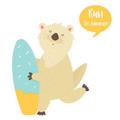 Cute running otter with surfboard Animal character