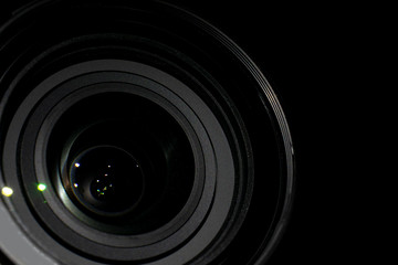 Close up to front of lens on black background photography.