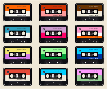 Pattern with old audio cassettes colorful background