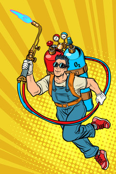 welder professional worker. superhero with gas cylinders