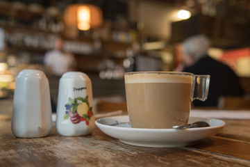 Close-up of a great cup of coffee in a retro bar in London