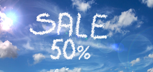 Painted clouds on a blue background with a flare of the sun and white clouds SALE 50% inscription
