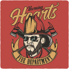 Fototapeta na wymiar T-shirt or poster design with illustration of vintage firefighter's head. Design with text composition.