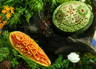 Fruit and vegetable carvings, Display thai fruit carving
