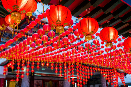 Sunset scene of red lanterns decorations in chinese temple name is Thean Hou Temple at Kuala Lumpur, Malaysia. This place is famous during the celebration of Chinese New Year.