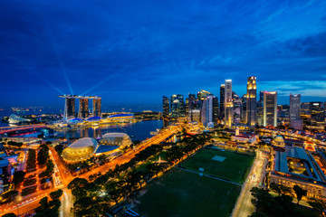 Aerial view of the Singapore landmark financial business district at twilight sunset scene with skyscraper and beautiful sky. Singapore downtown
