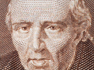 Miguel Hidalgo portrait on Mexico peso close up macro. Father of Mexican independence..