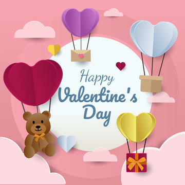 Valentine’s Day Concept, Hearts Shape Balloon With Teddy Bear, Gift Box, Letter. Papercraft Style. Flat Vector Illustration 