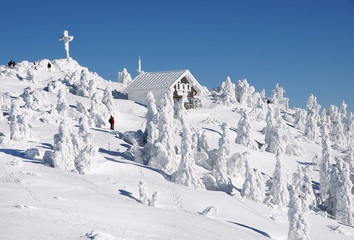 Fototapeta na wymiar Winter landscape, Winter, Landschaft, Schnee, Bayerischer Wald, Großer Arber, Textraum, copy space