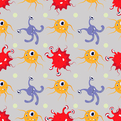 Seamless pattern multicolored Funny cartoon monsters alien or bacterium