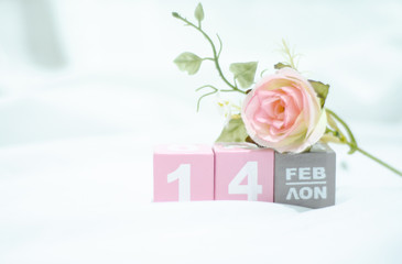 Pink square wood with white numbers 1 and 4.Gray square wood with white letters FEB.February 14 Valentine's Day