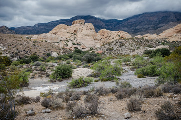 Rocky desert scenery on a stormy overcast summer day in monsoon season in Nevada Red Rock Canyon National Conservation Area