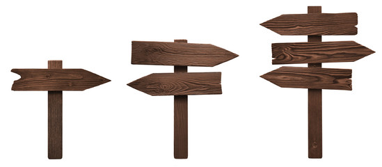 Set of wooden arrow signs, isolated on white background