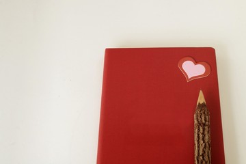 Writing a love story about Valentine's Day on the red diary .