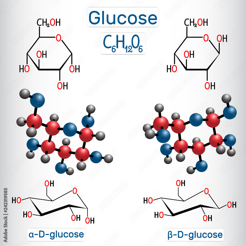 Wall mural Glucose (dextrose, D-glucose) grape sugar molecule molecule. Alpha-glucose and beta-glucose. Structural chemical formula and molecule model