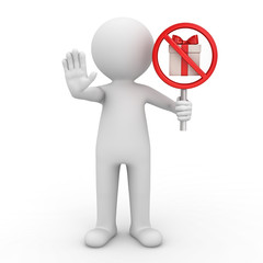 3d man standing and showing stop gesture and holding No Gift sign icon ban present box symbol Red prohibition sign Stop symbol isolated on white background 3D rendering