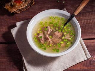 Lunch from hot broth with turkey