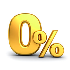 Gold zero percent or 0 % isolated over white background with shadow 3D rendering