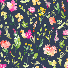 Spring Floral Field Pattern Background Wallpaper. Pink Spring Flowers Watercolor Pattern