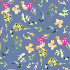 Spring Floral Field Pattern Background Wallpaper. Pink Spring Flowers Watercolor Pattern