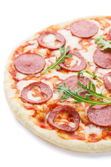 Half of pizza with heart shaped pepperoni for Valentine's Day.