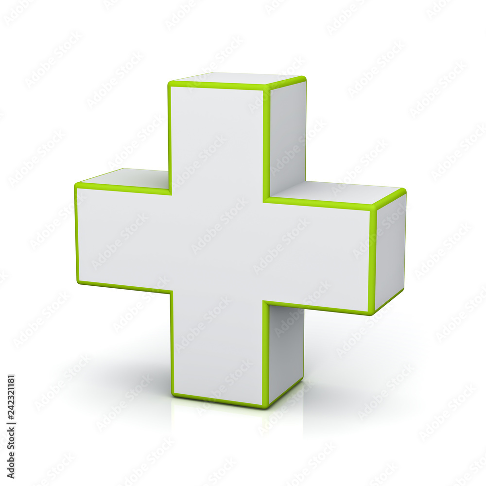 Poster White with green edge plus sign isolated on white background with shadow and reflection  3D rendering