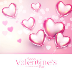 Valentine s Day Design Template with Glossy Heart Balloons and Blur Background.