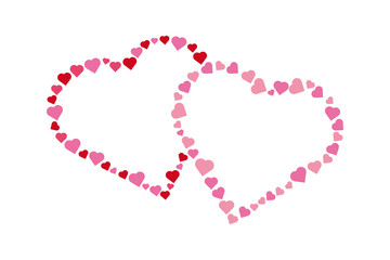 Pink and red intertwined valentines made from small hearts on white background