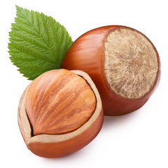 Hazelnuts with leaves, isolated on white background