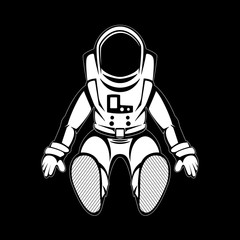 Hand drawn spaceman in white color, isolated on black background. Detailed drawing, for posters, decoration and print. Vector illustration
