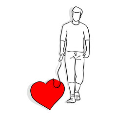 man holding rope for pet in the shape of red heart vector illustration sketch doodle hand drawn with black lines isolated on white background