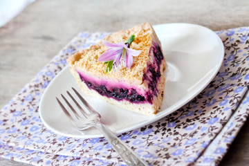 Piece of blueberry cake on a plate