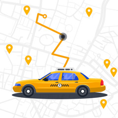 Naklejka premium vector image of a taxi car with a map of the city in the background and the route