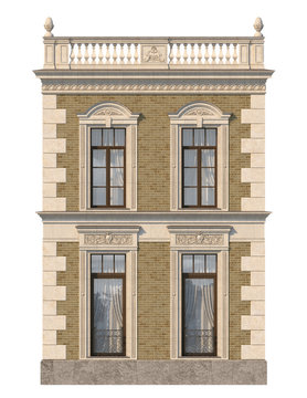 Brick facade of a classic-style house with windows. 3d rendering.