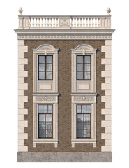 Brick facade of a classic-style house with windows. 3d rendering.