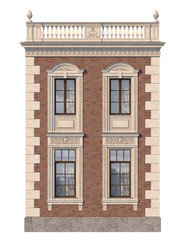 Brick facade of a classic-style house with windows. 3d rendering.
