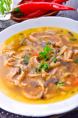 traditional tripe soup in polish style with beef and vegetables