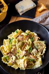 Reginette noodles in cream sauce with fresh chanterelles and capers