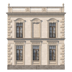 Stone facade of a classic house with windows and niche. 3d rendering