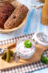 Poster delicious homemade meat salad with mayonnaise and cucumber © Dar1930