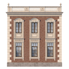 Brick facade of a classic-style house with windows. 3d rendering.