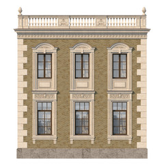 Brick facade of a classic-style house with windows. 3d rendering.