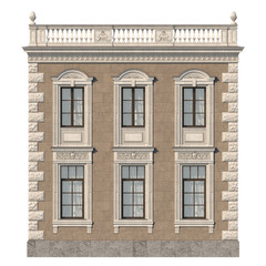 Brick facade of a classic-style house with windows. 3d rendering.